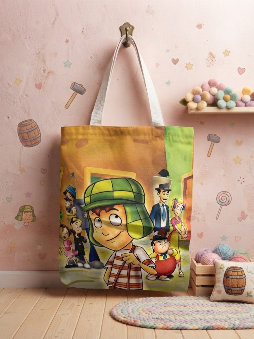 Kids Cartoon Tote Bag with Green Accent - Fun Character Design